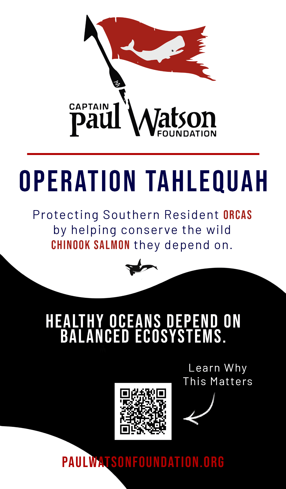 Card back: Operation Tahlequah &mdash; Captain Paul Watson Foundation, with QR code to the campaign.